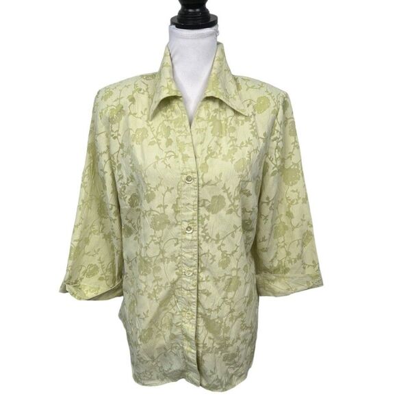 Dressbarn Blouse Woman 14/16 Green Floral Burnout Semi Sheer Button Down 3/4 Slv - Picture 1 of 10